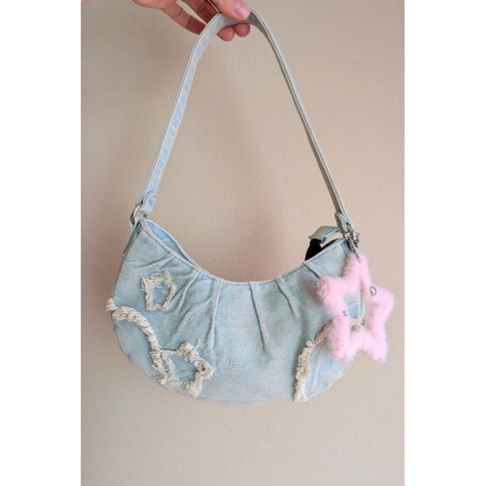 Pink Star Denim Crescent Mini Shoulder Baguette Bag